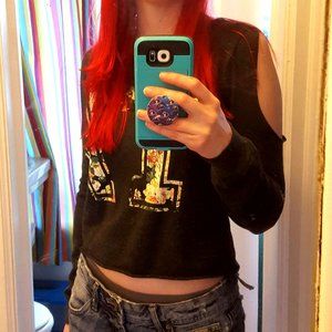 Floral "17" Cutout Cold-Shoulder Cropped Sweater XS